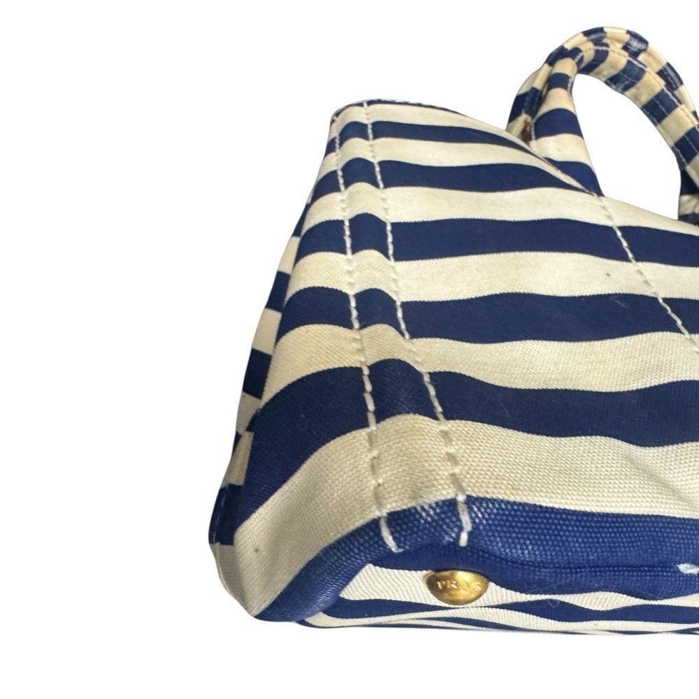 Prada Striped Blue & White Printed Canvas Large Canapa Tote Bag Auth - Picture 6 of 15